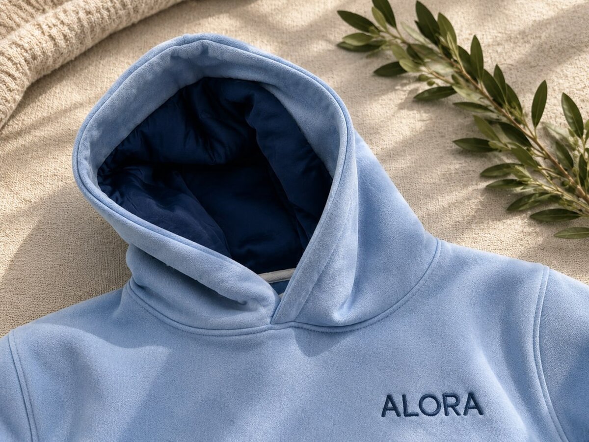 The Alora Hoodie — Sky, close-up of the silk-lined hood and chest ALORA puff print