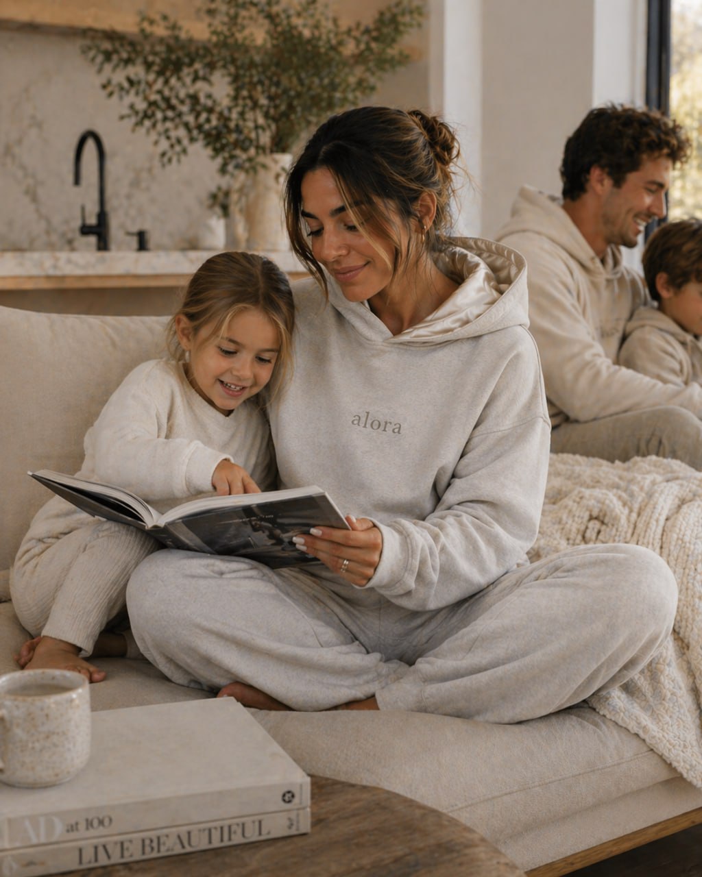 A woman in a cream alora hoodie reading with her child at home
