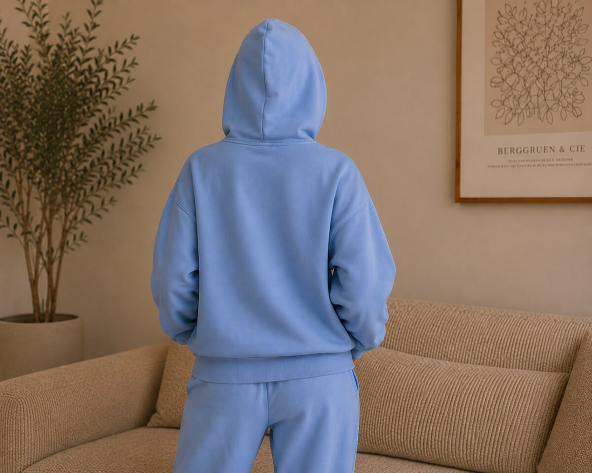 The Alora Hoodie — Sky, rear view showing the back of the hoodie and matching joggers